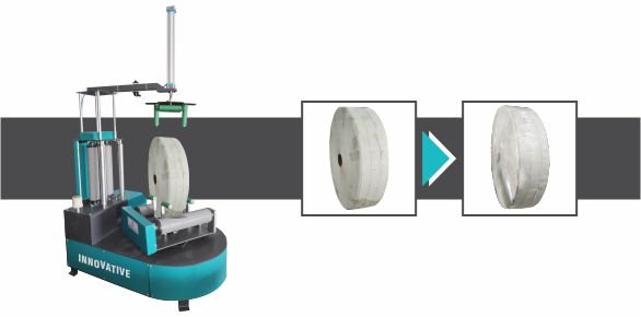 Reel Wrapping Machine with Holding System for secure stretch film wrapping of paper, cable, plastic, and industrial reels