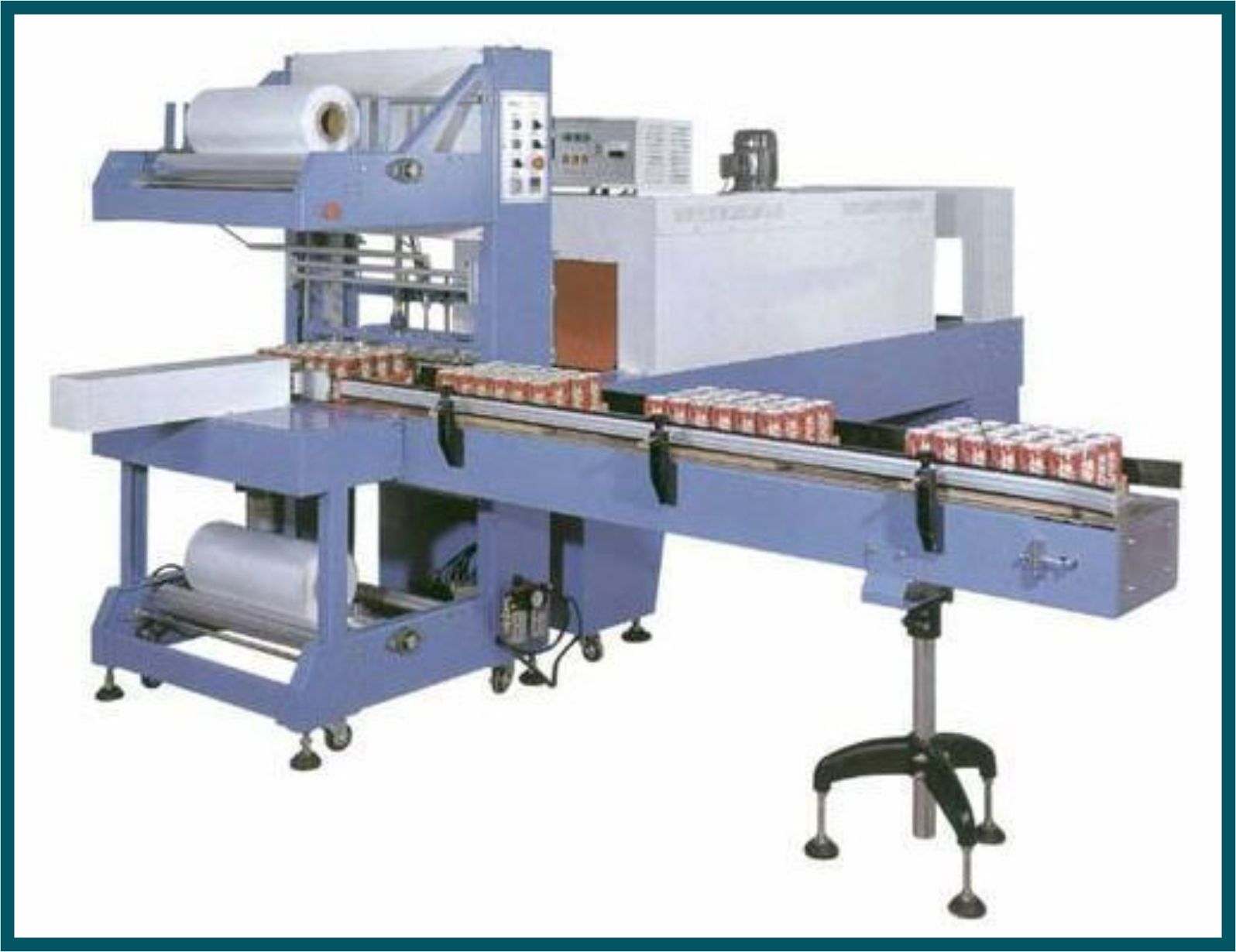 Semi-automatic shrink wrapping machine packaging products with shrink film