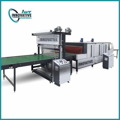 Semi-automatic shrink wrapping machine wrapping products using heat tunnel and conveyor system for consistent industrial packaging.