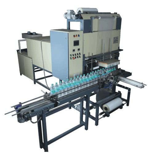 Industrial water bottle shrink wrapping machine in operation at a production line