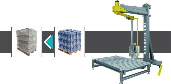 Arm Type Pallet Wrapping Machine with Conveyor System by Innovative WrapTech Pvt. Ltd. for automated pallet packaging.
