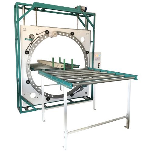 Big product orbital packing machine wrapping large industrial items with protective film in packaging line