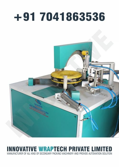 Binding wire packing machine wrapping steel binding wire coils with protective film in an industrial environment