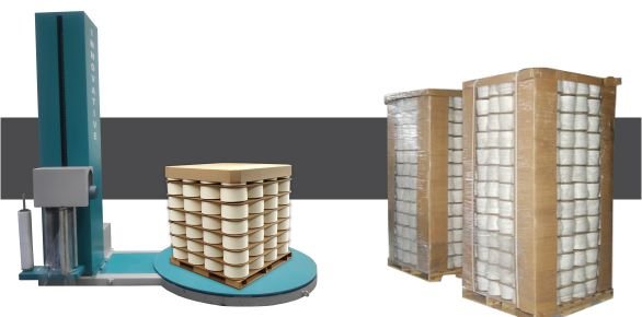 Pallet Wrapping Machine for Cotton Yarn by Innovative WrapTech Pvt. Ltd. for secure and efficient cotton yarn pallet packaging.