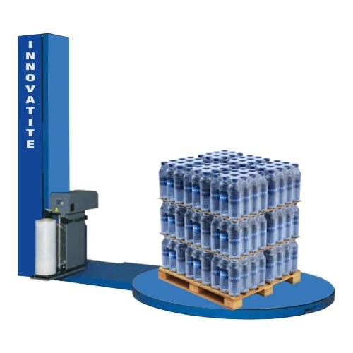 Auto cutting pallet wrapping machine securing industrial pallets