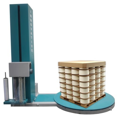 Pallet wrapping machine securing cotton yarn pallets for storage and transport