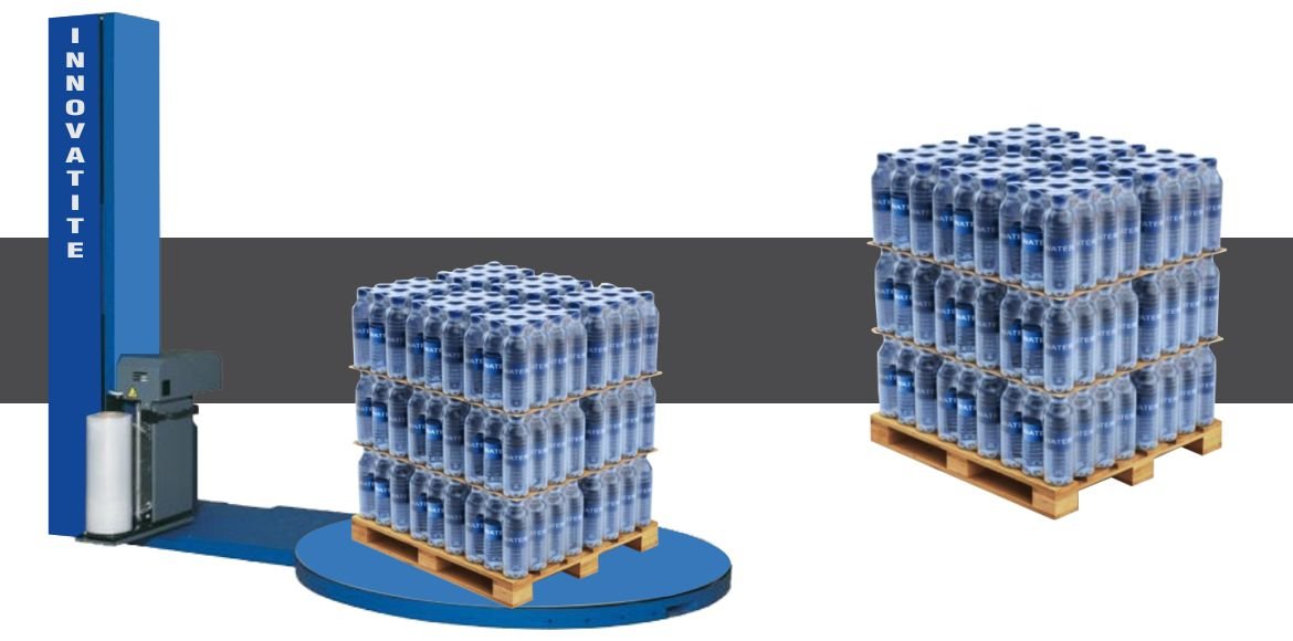 Pallet Wrapping Machine with Auto Cutting System for fully automatic stretch wrapping and film cutting of pallet loads.