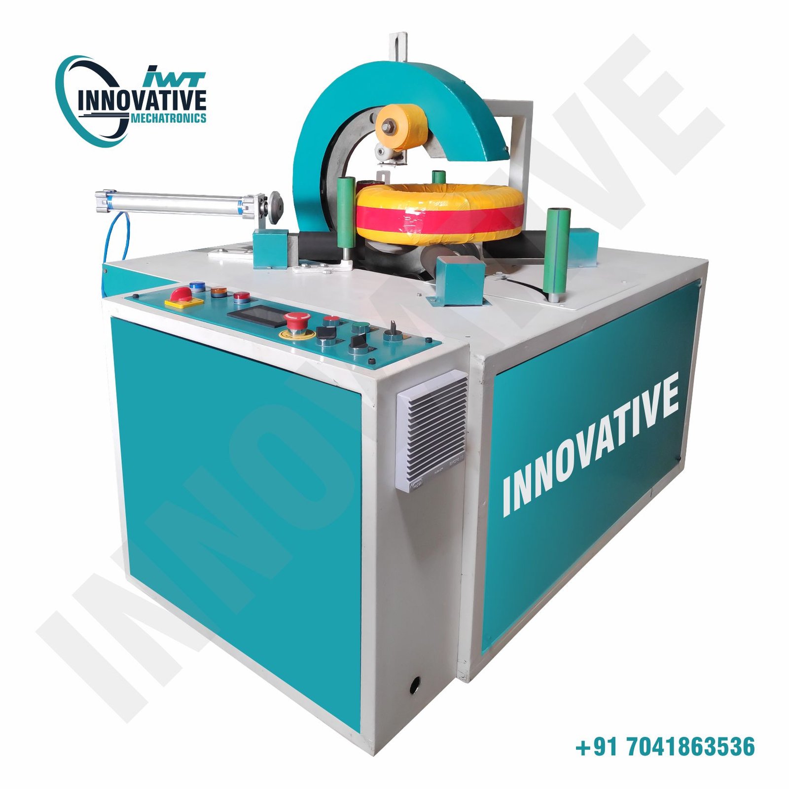 PET strap coil wrapping machine wrapping plastic strap coils with stretch film in an industrial packaging setup