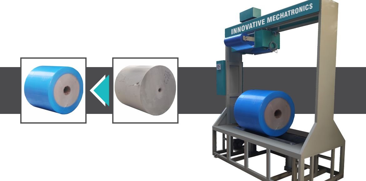 Radial Type Paper Roll Packing Machine by Innovative WrapTech Pvt. Ltd. for secure and efficient paper roll packaging.