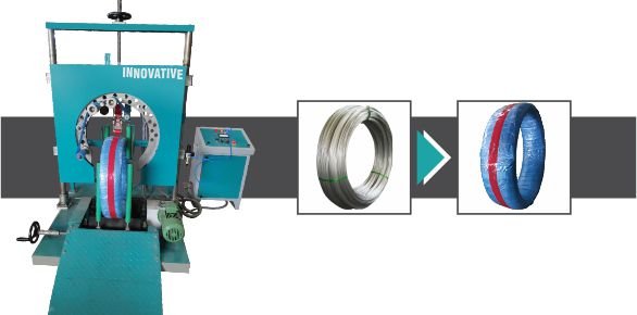 Heavy-duty Rope Wire Coil Wrapping Machine by Innovative WrapTech Pvt. Ltd. for spiral wrapping of steel wire coils, rope coils, GI wire coils, and cable coils with stretch film packaging.