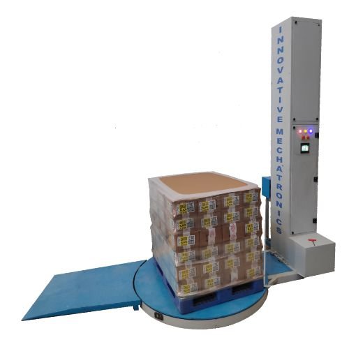Manual pallet wrapping machine used for secure pallet packaging in warehouse