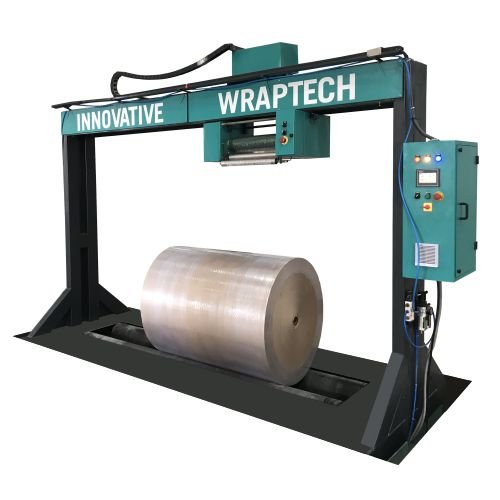 Roll Wrapping Machine packaging industrial paper, rubber, and textile rolls