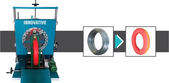 Semi Automatic Vertical Coil Wrapping Machine for wrapping steel, wire, aluminum, and copper coils with stretch film.