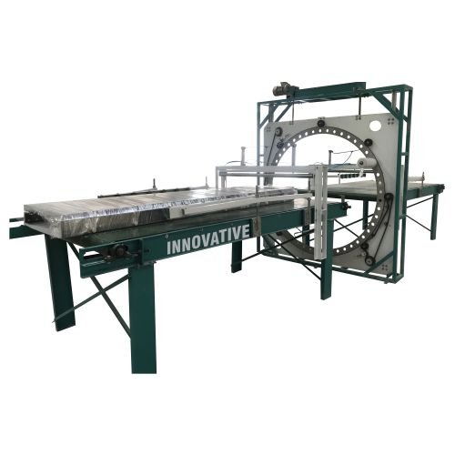 VPC door frame packing machine wrapping wooden door frames with protective film in industrial packaging line