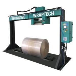 Stretch Roll Wrapping Machine wrapping industrial rolls with protective stretch film