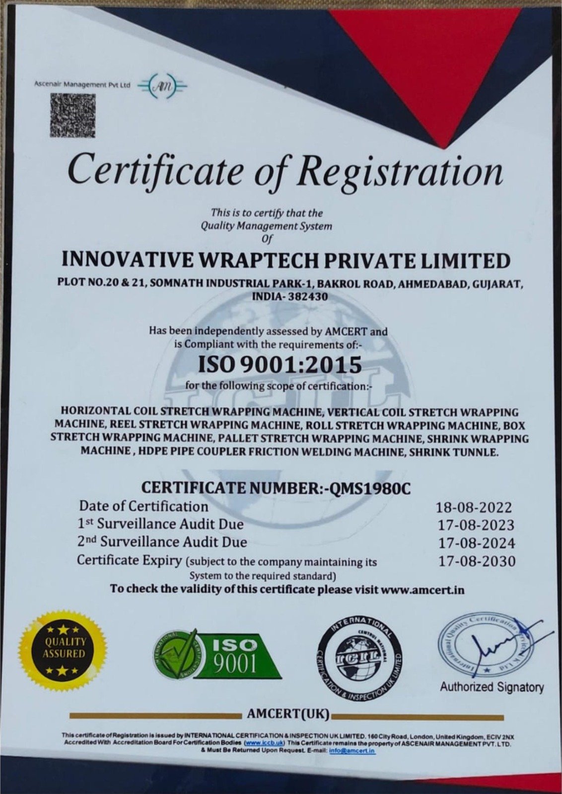 ISO 9001:2015 Certificate – Innovative Wraptech Pvt. Ltd.